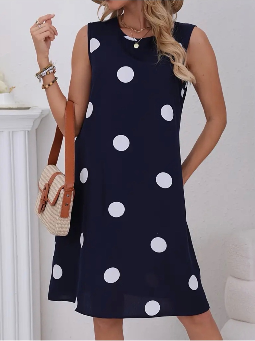 Sleeveless Navy Polka Dot A-Line Dress
